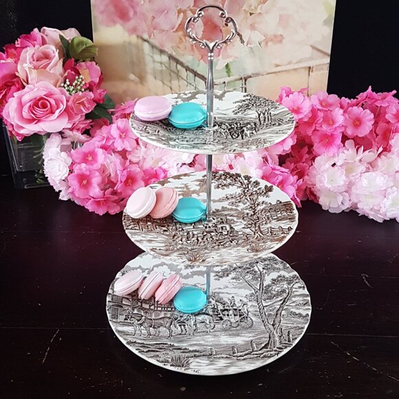 Handmade 3-Tier Brown Transferware Farmhouse Cake Stand Tea Party Christmas Gift - Picture 4 of 12